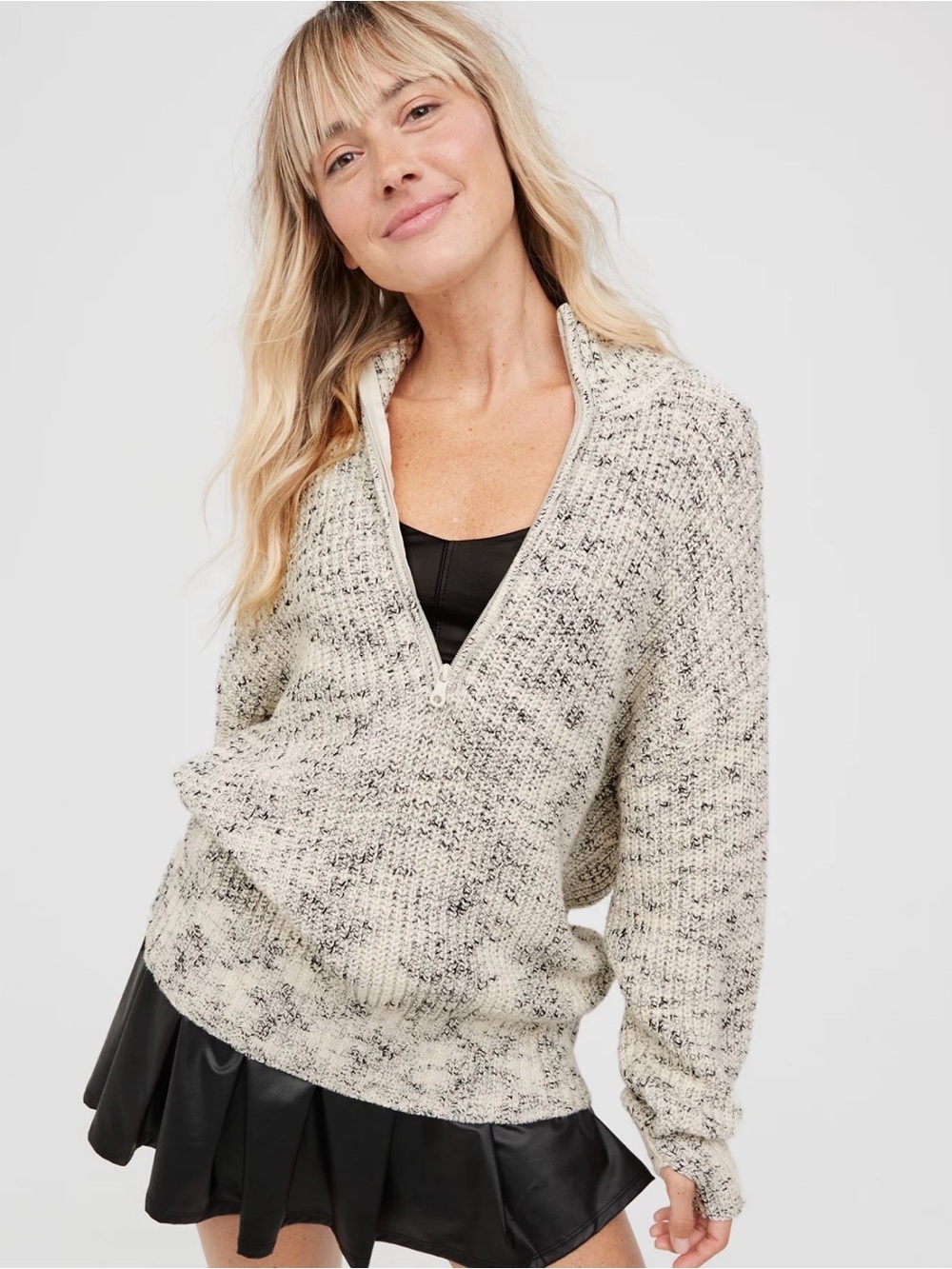 aerie Offline Cream Speckled Half-Zip Turtleneck Sweater- M
